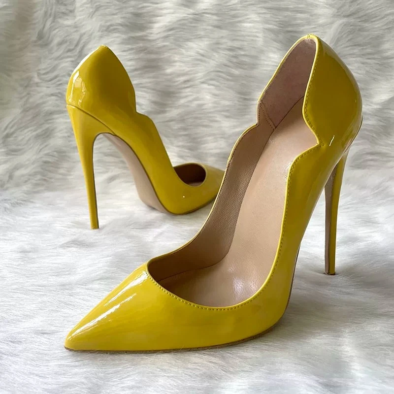 

European and American Foreign Trade Banquet Patent Leather Lace V-mouth Ultra-fine High-heeled Women's Single Shoes