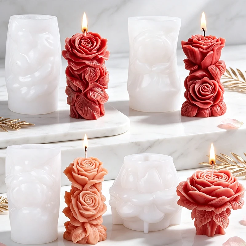 Rose Candle Silicone Mold 3D Flower Cylinder Aromatherapy Soap Gypsum Wax Craft Mold Valentine's Day Gift Home Decor