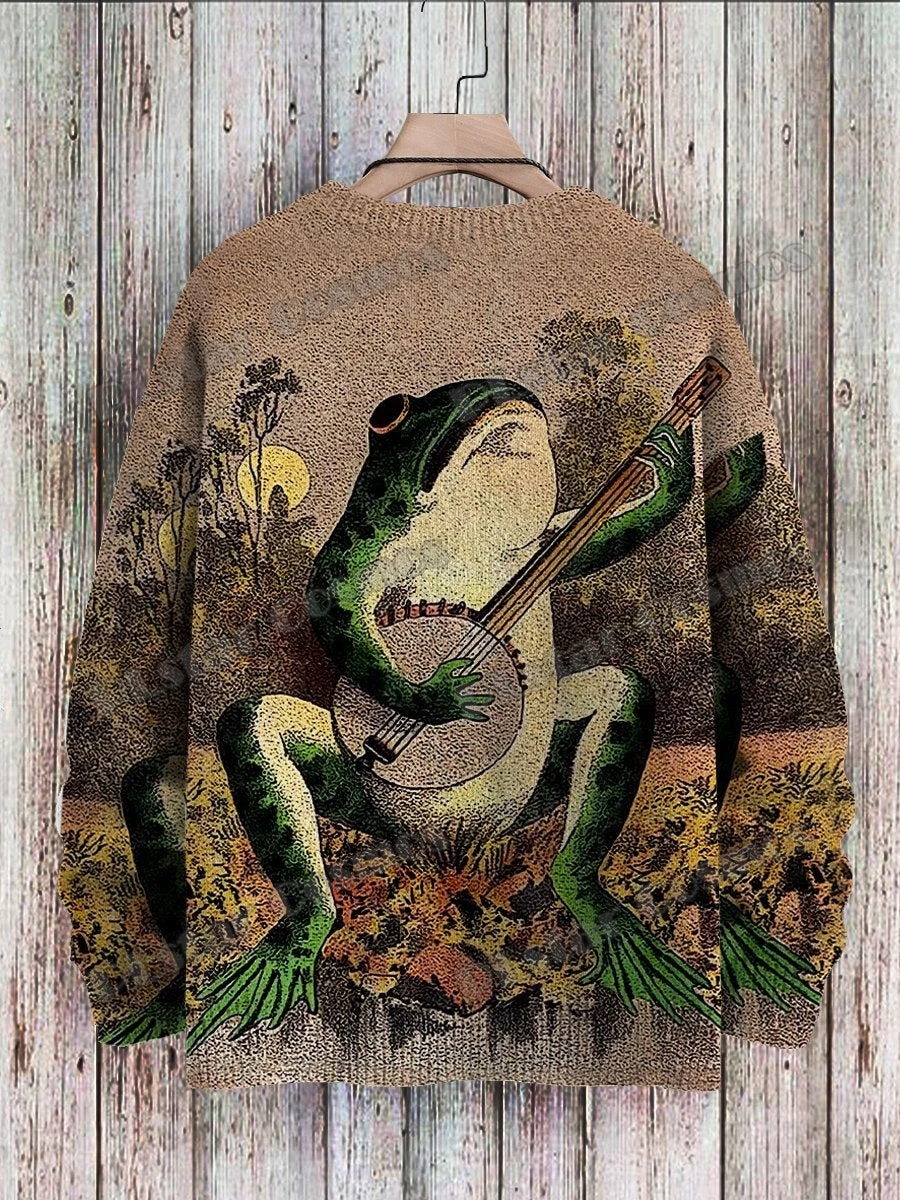 Vintage Frog Fun Art Pattern & Retro Owl Art 3D Printed Men's Knitted Pullover Winter Unisex Casual Knit Pullover Sweater ZZM98