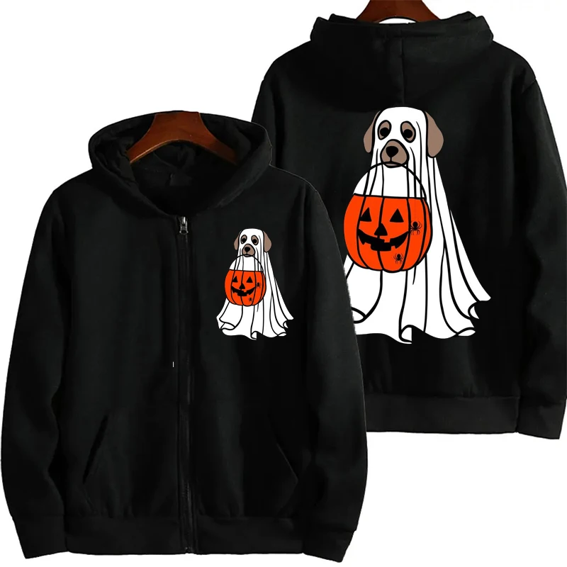 

High Street Hoodie Retro Zip Up Long Sleeve Jacket Coats Harajuku Casual Hooded Sweatshirt Cute Halloween Dog Y2K Streetwear