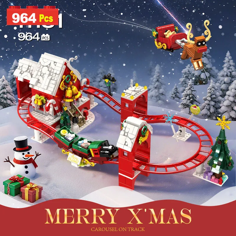 

City Christmas Train Track Sled Model Building Blocks Reindeer Christmas Tree Christmas Decoration Brick for Kids Toys DIY Gifts
