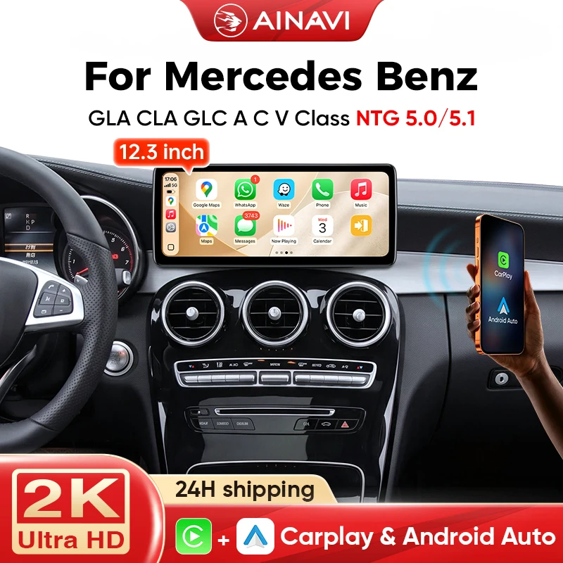 Ainavi 10.25 12.3 Pollici per Mercedes Benz GLA CLA GLC Classe ACV 2015-2019 NTG5.0/5.1 Schermo Multimediale con CarPlay Wireless e Android Auto, Stereo Auto Linux, Lettore Multimediale, Navigazione