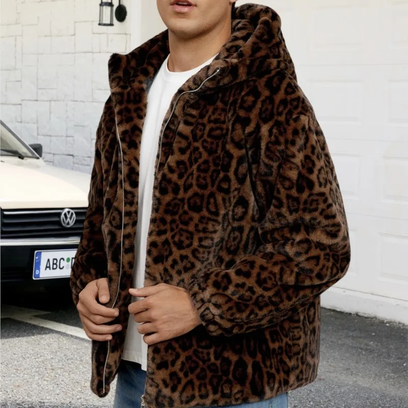 2025年新作 メンズ レオパード柄 フェイクファー ジャケット カラーブロックデザイン 厚手 暖かい プラッシュ ふわふわファー トレンド カジュアル フード付きジャケット トップス