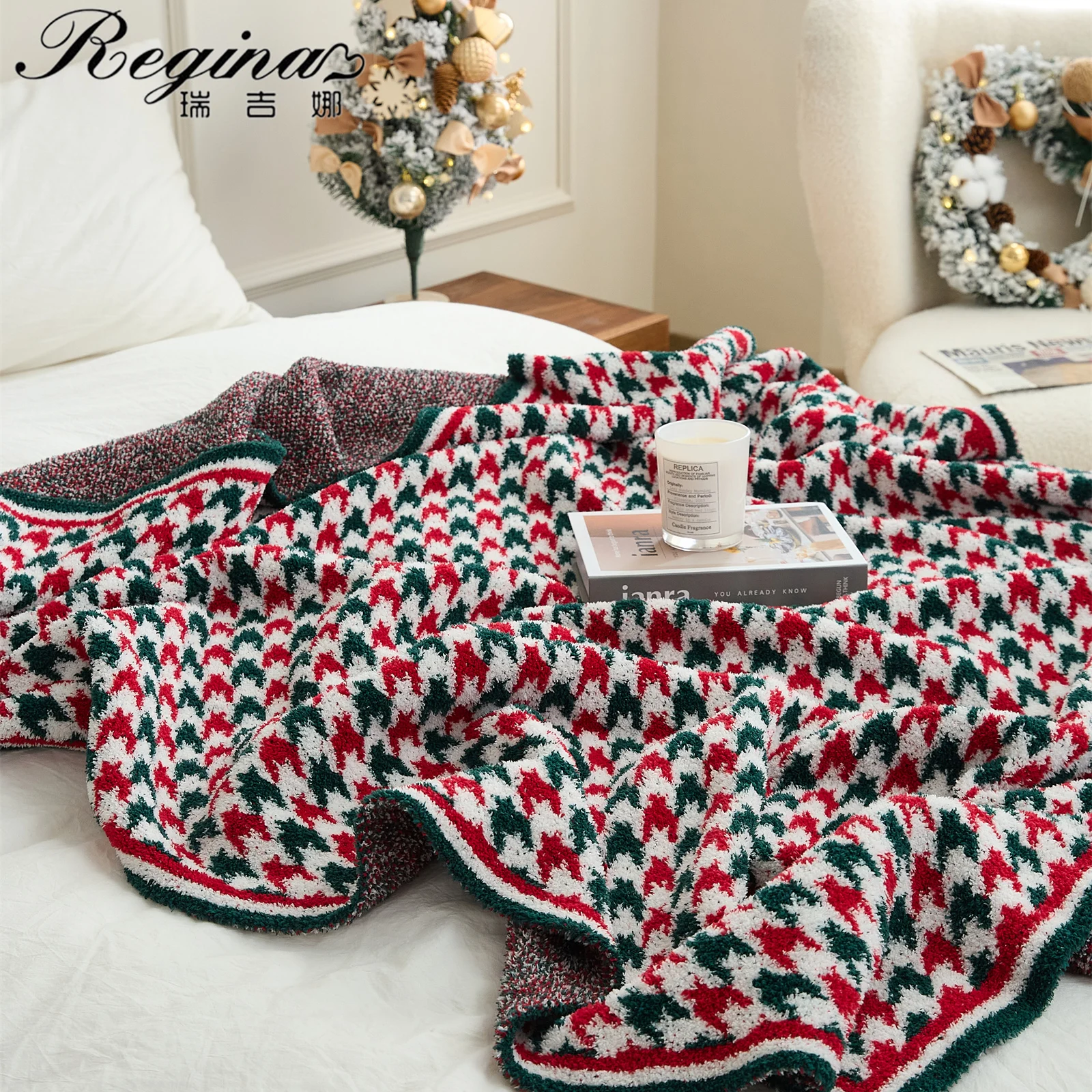 

REGINA Christmas Gift Houndstooth Plaid Blanket Super Soft Cozy Downy Microfiber Knitted Throw Blanket For Bed Sofa Couch Chair