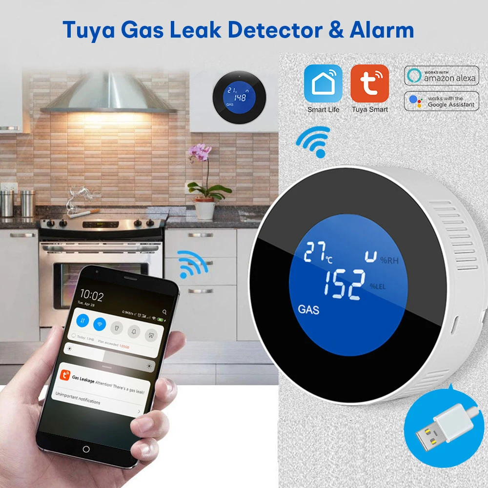 Tuya Wifi Smart Natural Gas Detector Alarm Combustible Gas Leakage Alarmer LCD Display with Temperature Sensor