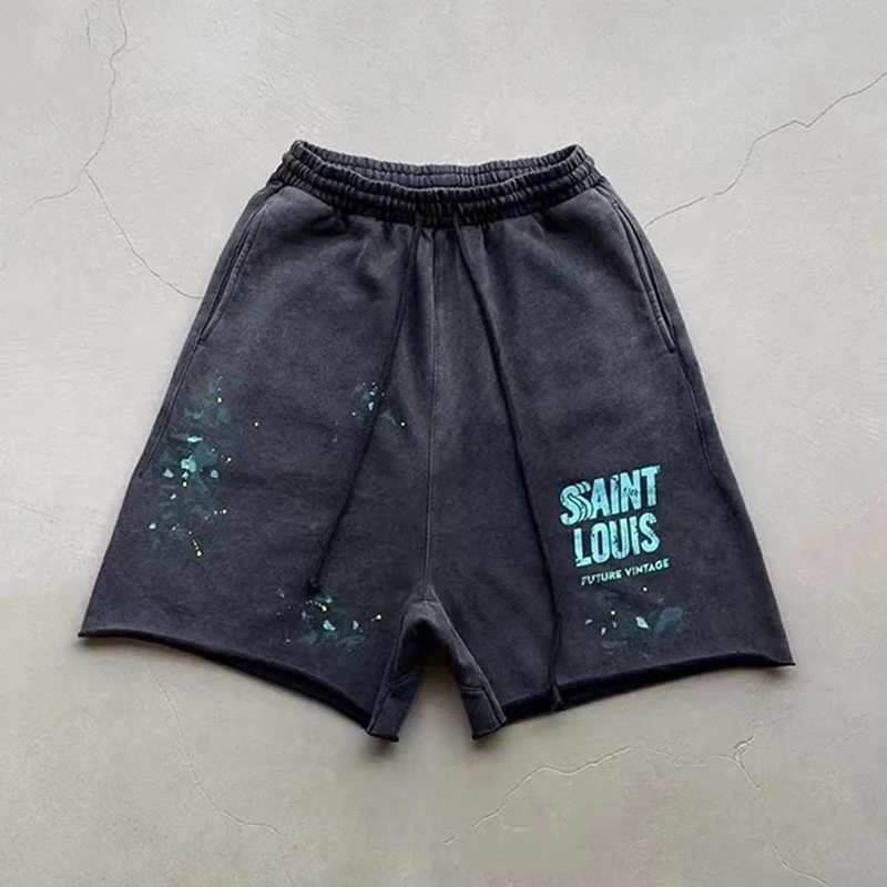 Vintage Wash Black Saint Louis Shorts Men Woman Summer Loose Splashing Ink Graffiti Drawstring Casual Breeches