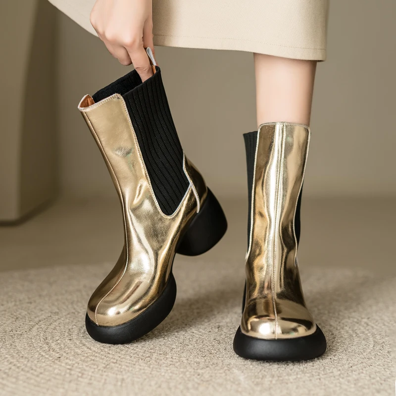 Silver Gold Short Women Boots Autumn Winter Round Toe Elastic Patchwork Patent Leather Shoes High Heel Ankle Boots for Woman