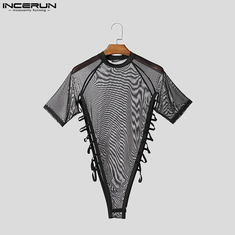 INCERUN الرجال داخلية الجوف خارج بلون شبكة انظر من خلال Playsuits الذكور السروال القصير مثير الدانتيل يصل ملابس بأكمام قصيرة ارتداءها