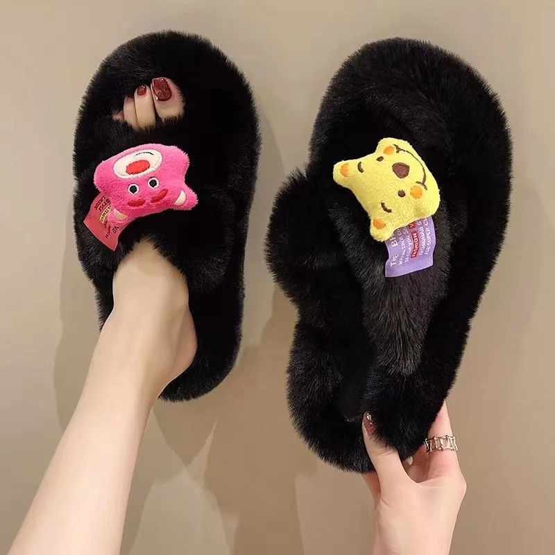 Strawberry Winnie the Pooh New Women's Fashion Cute Fall Outwear Winter Thick Bottom Home Cotton Slippers Cartoon Wool Slippers