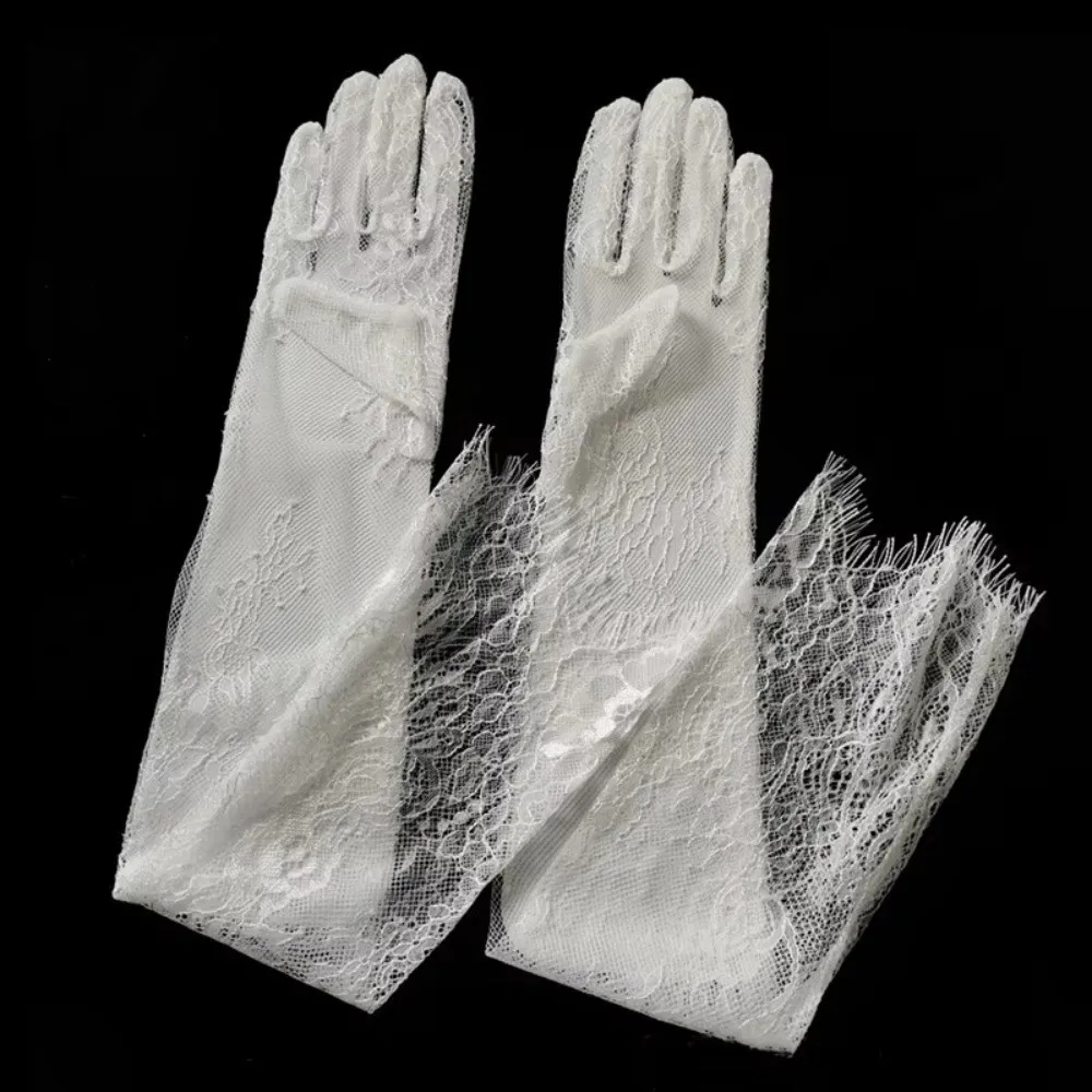 1 par de guantes de encaje de longitud larga, guantes de novia de Material fino transparente, guantes de fiesta con patrón Floral calado, boda nupcial