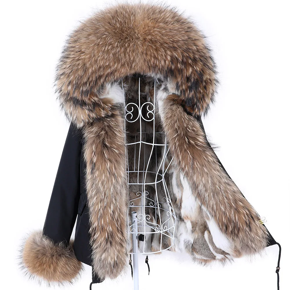 2024 Maomaokong New Women Winter Fur Coat Rabbit Lining Jacket Natural Real Raccoon Collar Parka Fox Fur Short Female Clothing