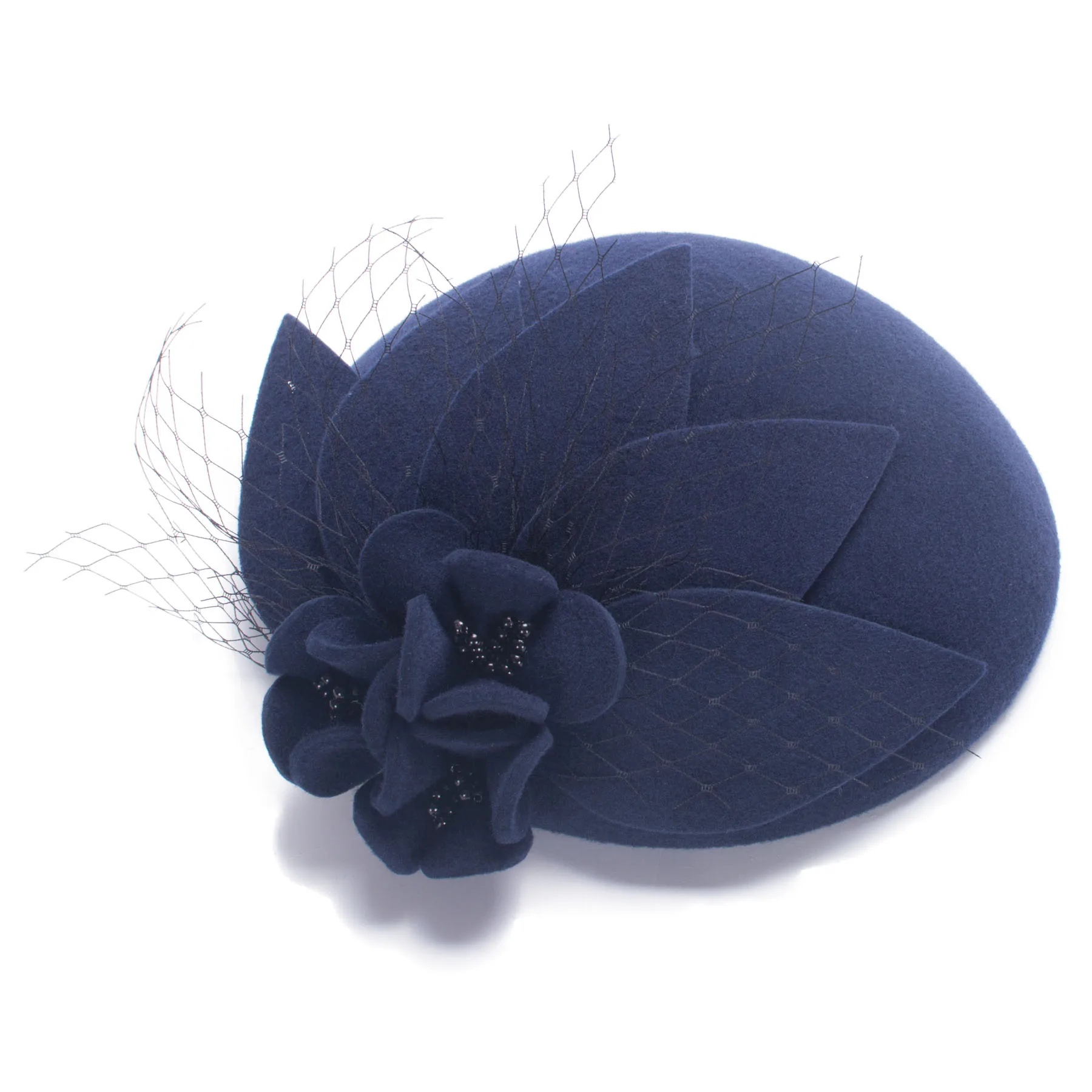 Vintage Pure Wool Fedora Cap Women  Netting Floral  Headwear Elegant Ladies Pillbox Hat With Veil A044