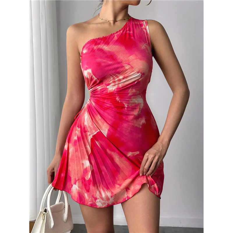 ABP-فستان صيفي نسائي 2025 فستان قصير بكتف واحد مزين بقطع مطوي فساتين زفاف الضيوف