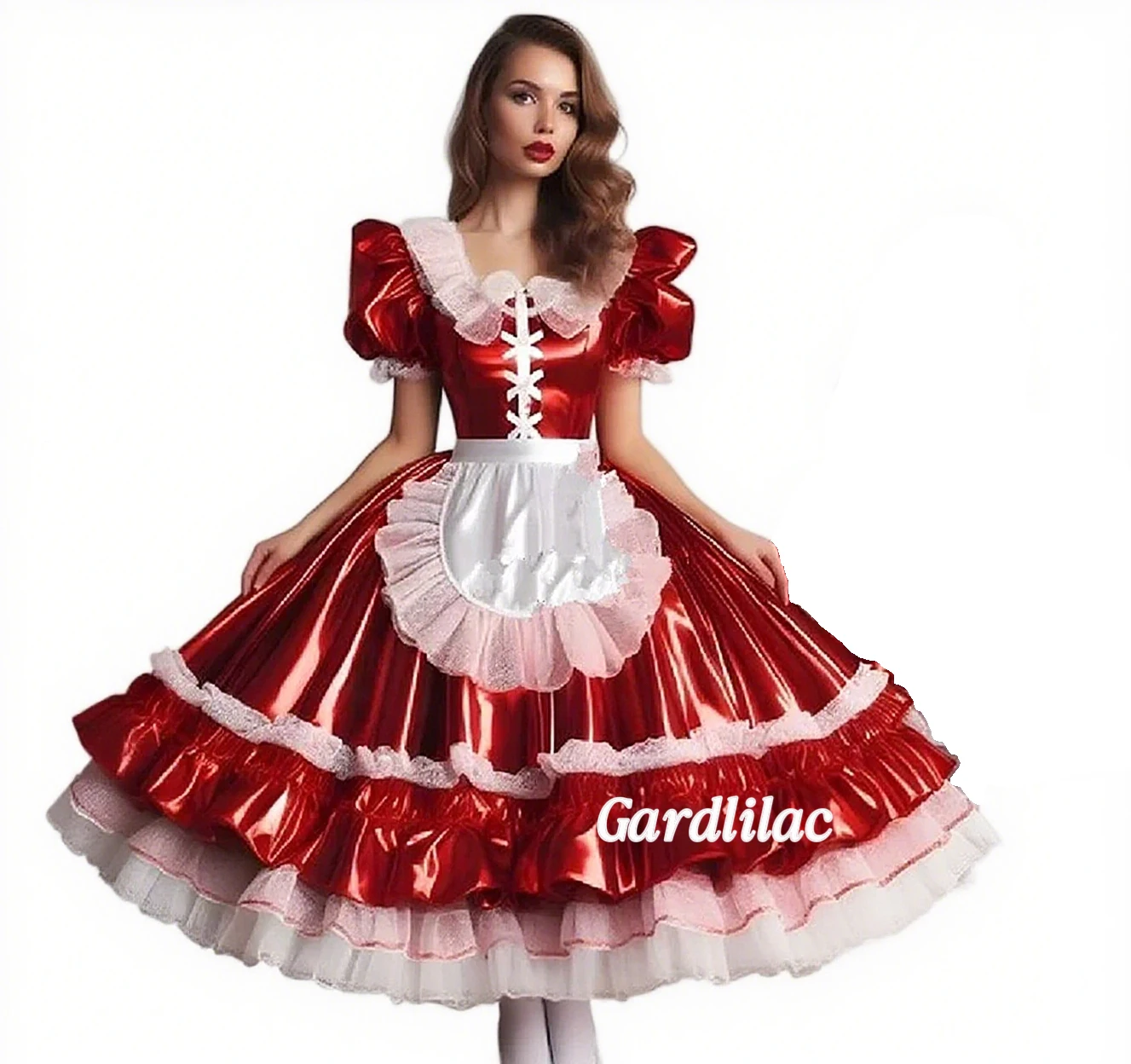 

Dark Red Prom Dress Georgian Costume Lolita Satin Ruffles Short Sleeve Apron Cosplay Evening Dress Halloween Customized