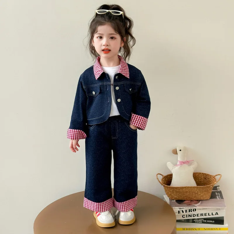 

Girls Autumn Set 2025 New Fashionable Baby Girl Spring and Autumn Checkered Contrast Denim Two Piece Set