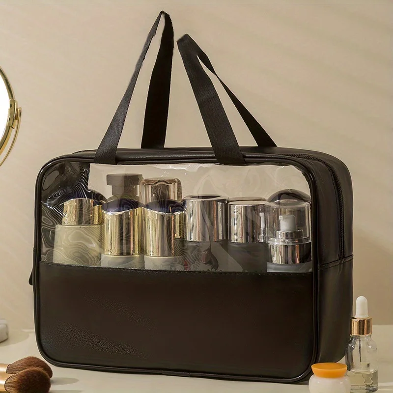 Transparente Makeup Bag Portátil PU Waterproof Wash Bag Saco de armazenamento de grande capacidade PVC Spliced Makeup Bag