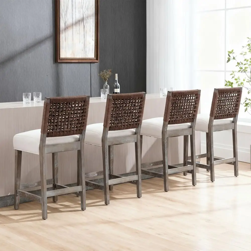 

Комплект из 4 барных стульев для кухонной стойки с сиденьями из льняной ткани и плетеными спинками, обитые тканью стулья для кухни, рустик-бежевый цвет