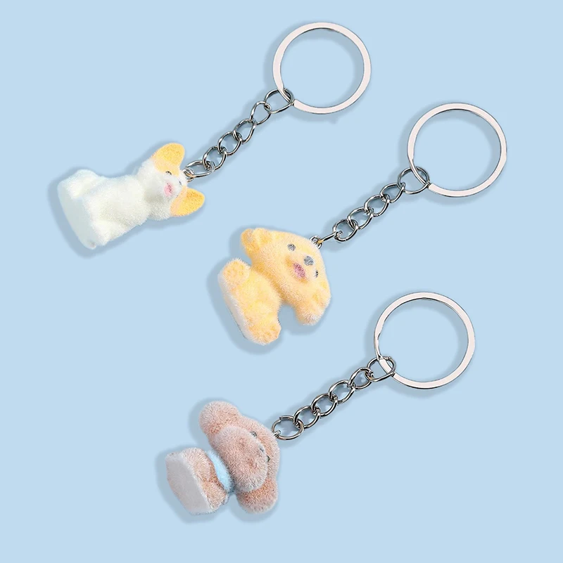 Kawaii Flocking Resin Dog Keychain Cartoon Puppy Phone Pendant Headphone Case Charm Backpack Bag Decor Car Key Ring