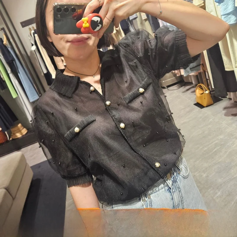 

Slimming Effect ort Sve irt Heavy Embroidery Collar Netting Top Versatile Korean Sle Commute Wind Button Detail