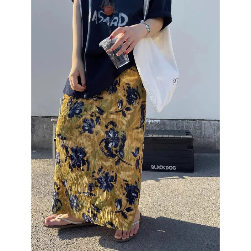 

Retro Women's High-waist Straight Skirt Pleated Slit Skirt Printed Elastic High-waist Fashion Casual Skirt