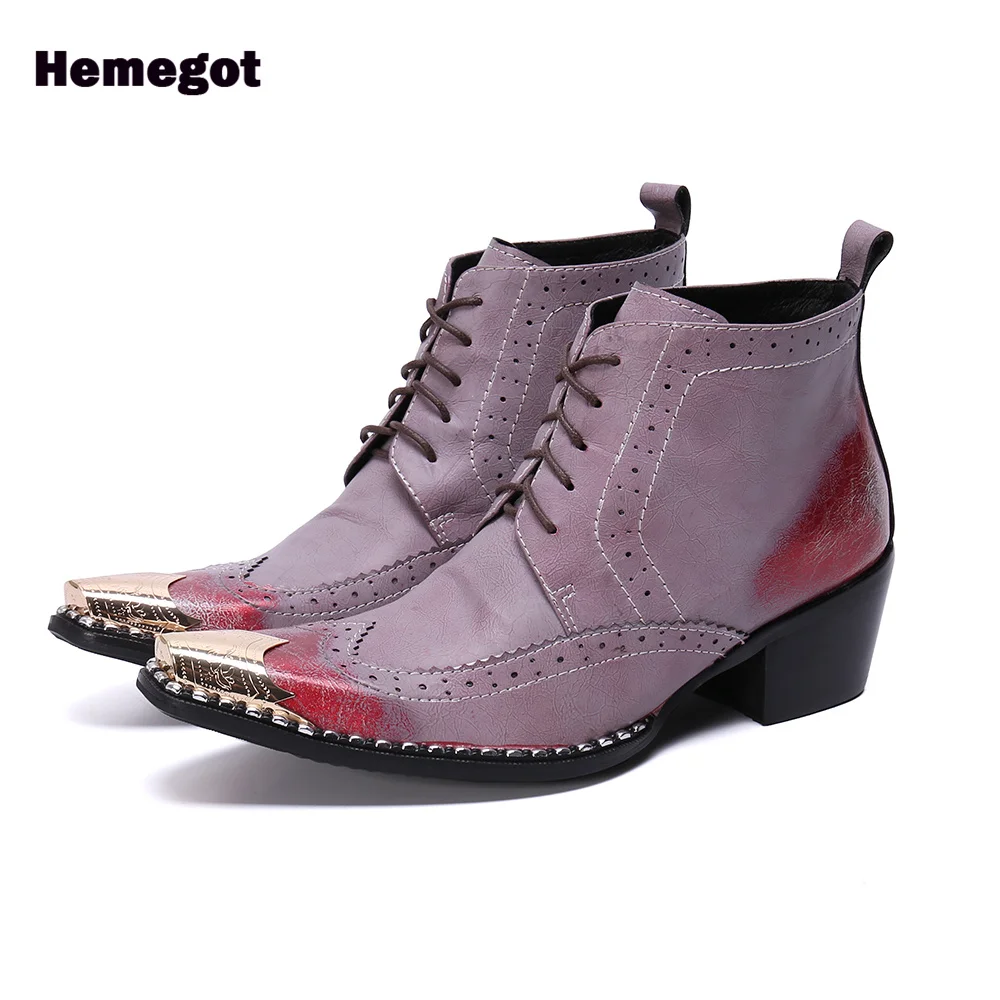 

Metallic Toe Men's Boots Lace-Up Leather Booties Retro British Style High-Top Booties Men Shoes Handmade Outdoor Men Botas