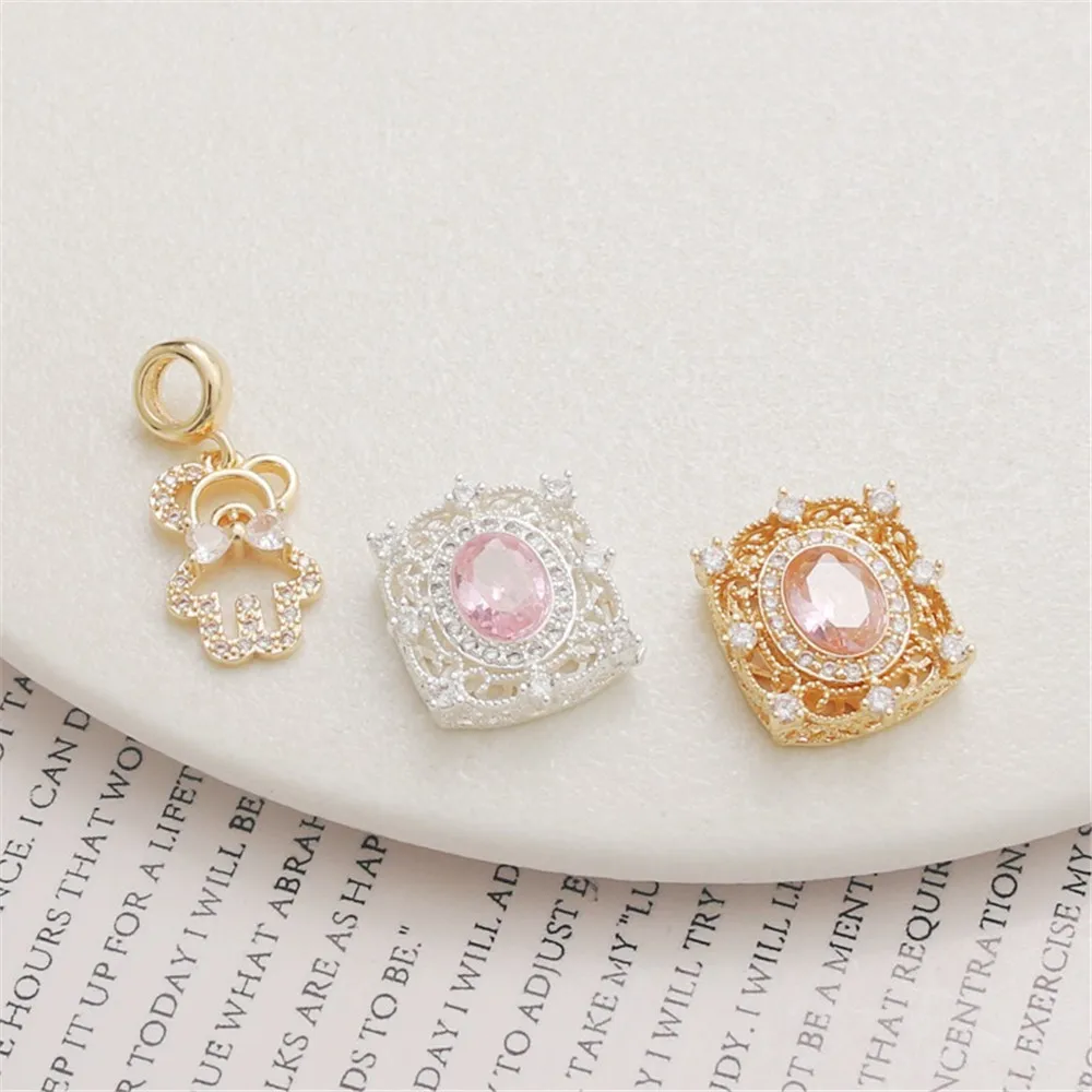 

14K Gold Color Preservation Zircon Hollow Square Loose Bead Bear Hanging DIY Bracelet Necklace Jewelry with Beaded Beaded Charm