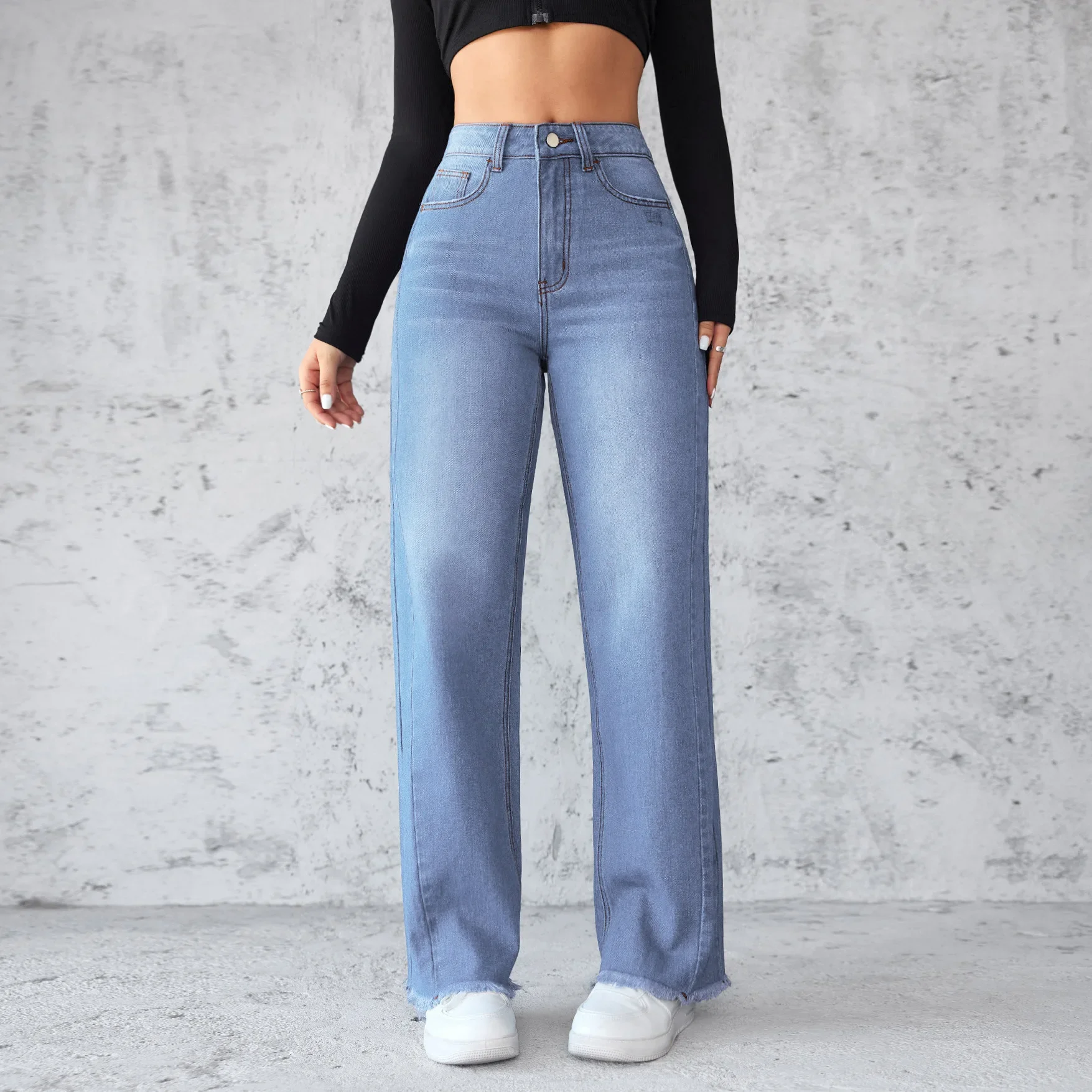 

Temperament High Waist Wide Leg Pants Jeans, Women's Spring and Autumn New Loose Rough Selvedge Straight Leg Patchwork Jeans Y2k