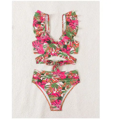 Imagen 2 del producto Cikini-bañador de verano para mujer, traje de baño con estampado Tropical y volantes, conjunto de Bikini para playa, traje de baño para playa