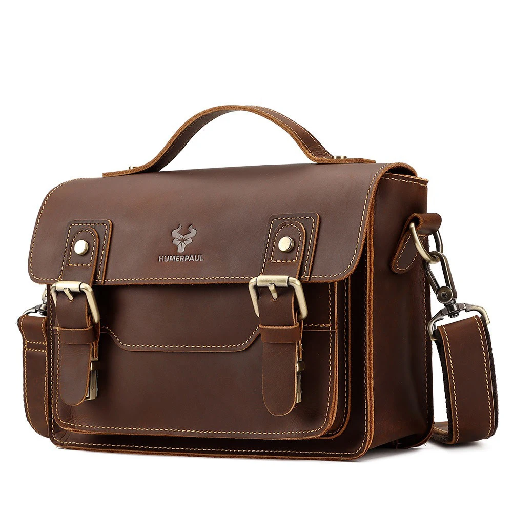 

Vintage Men Crazy Horse Leather Shoulder Bag Brown Small Flap Tote Genuine Leather Messenger Bag Cow Leather Gift Camera Bag