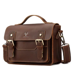 Vintage Men Crazy Horse Leather Shoulder Bag Brown Small Flap Tote Genuine Leather Messenger Bag Cow Leather Gift Camera Bag