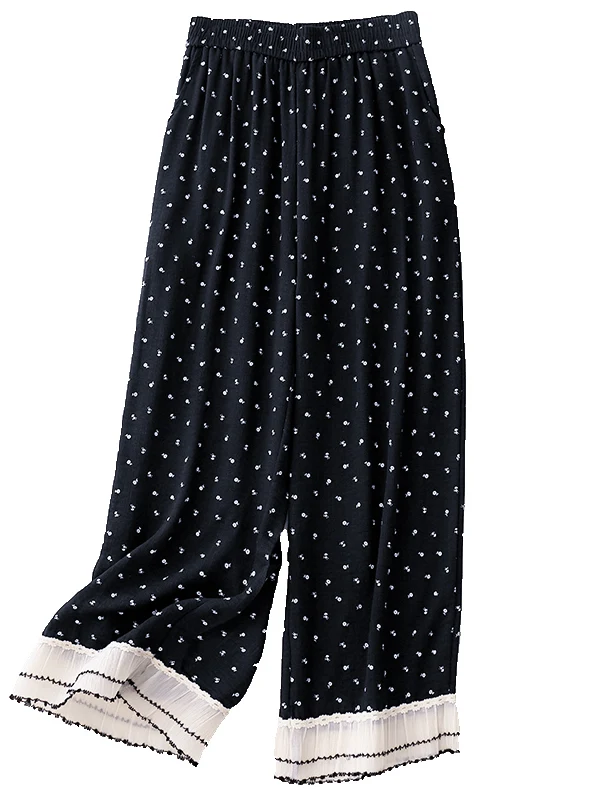 Pantalones de pierna ancha con estampado de retazos y ribete de encaje, cintura elástica, pantalones largos informales de pierna recta, ropa de verano de talla grande para mujer...