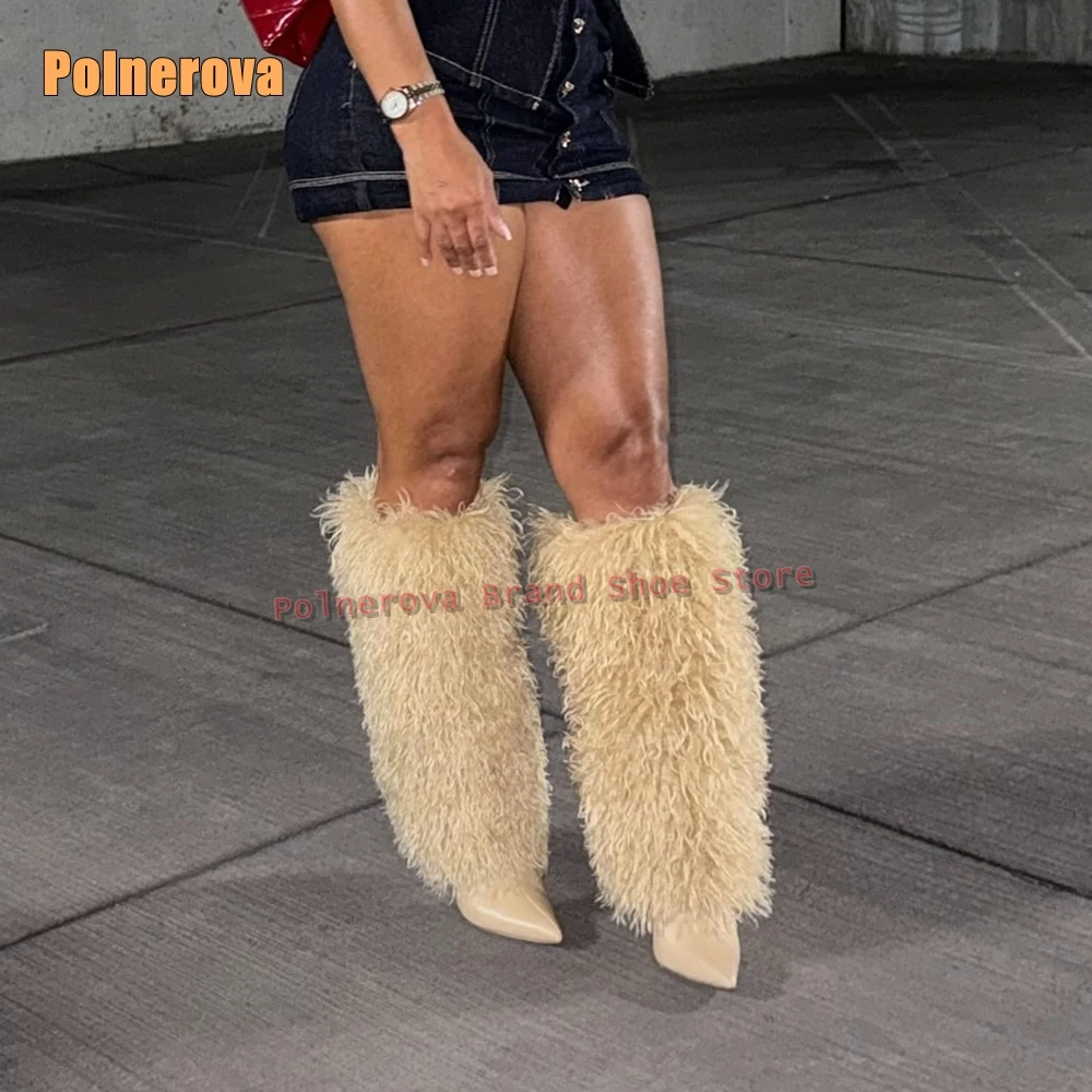 الفراء الأبيض مثير حذاء برقبة للركبة أشار تو خنجر سحب على الصلبة المرقعة الشارع نمط حار فتاة الجوارب الموضة 2025 الشتاء #1