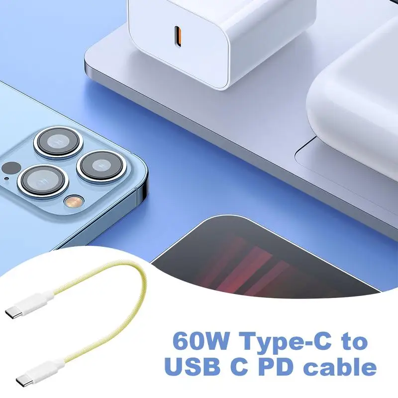 30CM 60W Type-C to USB C PD fast charging cable Nylon Braided  Portable 480Mbps Speed Twine-free Cord For Tablets