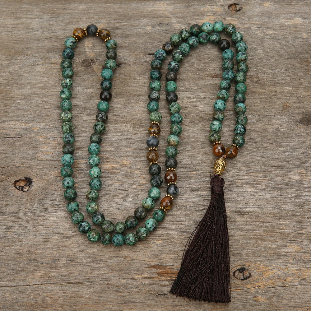 

OAIITE 108 Mala Beads African Turquoise Yellow Tiger Stone Eye Beaded Necklace Women Little Buddha Head Necklace Men