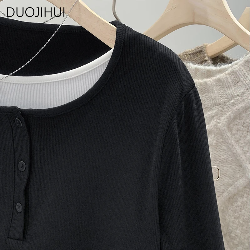 DUOJIHUI Contrast Color Fake Two Piece Loose Women T-shirts Autumn Basic Long Sleeve Chicly O-neck Simple Casual Female T-shirts