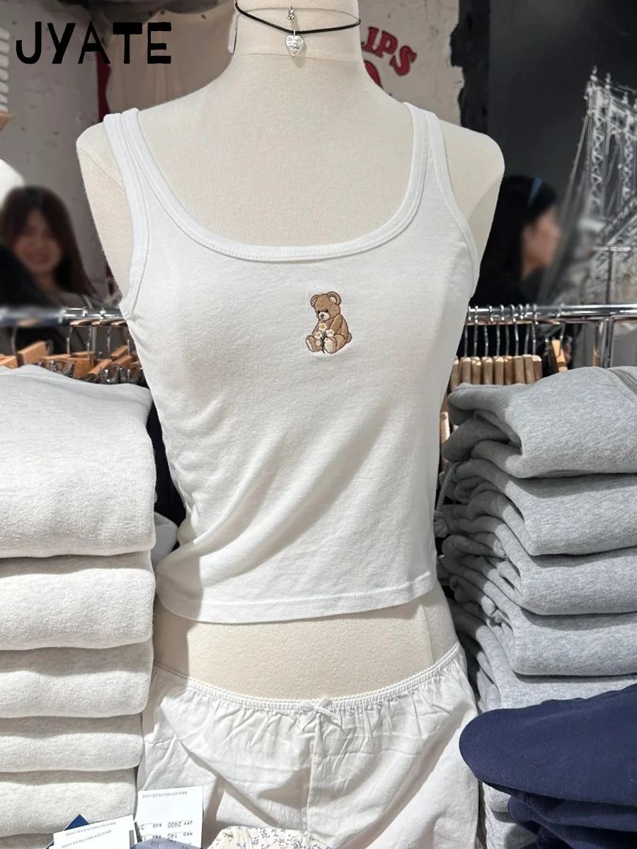 Little Bear Embroidery U-neck Tank Tops Women Summer Cotton Streetwear White Casual Cropped Vest Sweet Cute Vintage Camisole Y2K