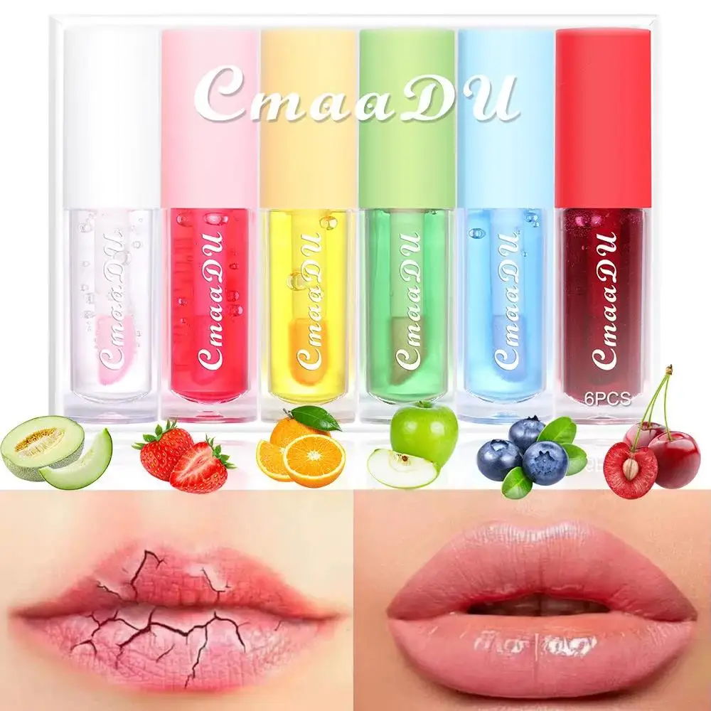 Juego de brillo de labios con sabor a fruta, aceite de labios hidratante que cambia de Color, nutre, repara el Kit de maquillaje de esmalte de piel de labios, 6 uds. ﻿