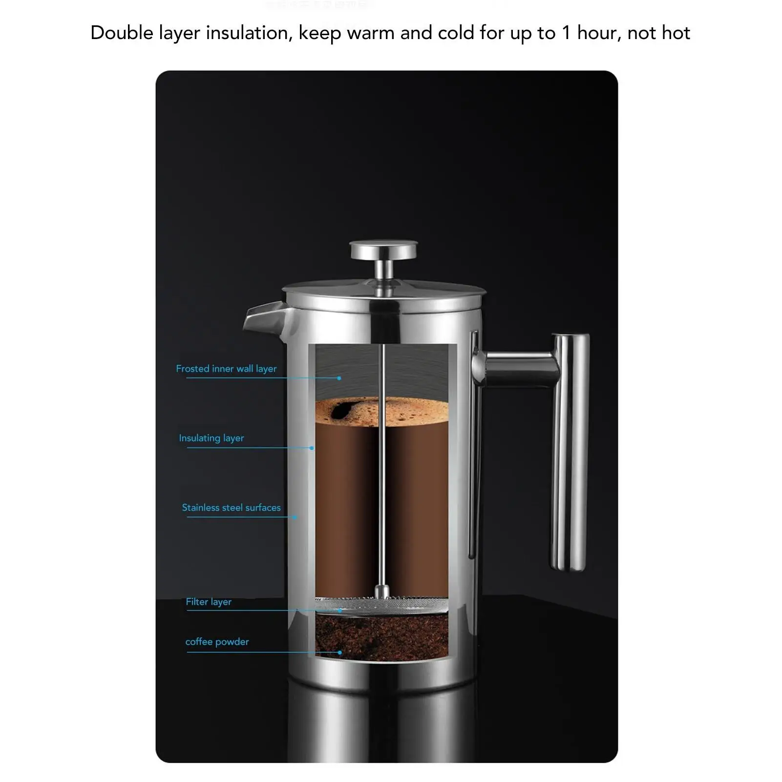 Portable Stainless Steel French Press Coffee Maker - Double Layer for home , Travel, Camping & Outdoor Use