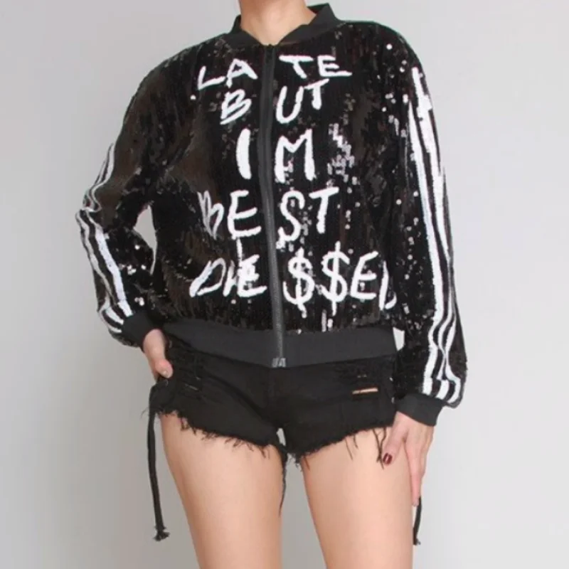 

Autumn New Striped Patchwork Color Long Sleeve Sequins Stand Collar Streetwear Jackets High Quality Hip Hop Loose Women's Coats