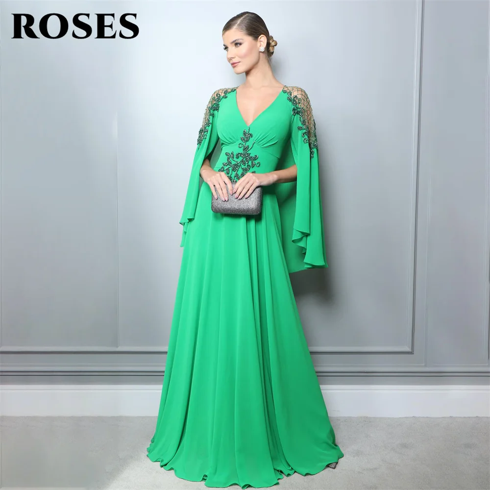 ROSES Green Beach Chiffion Evening Gown V Neck Elegant Prom Dress Embroidery Sequin Beaded Wedding Evening Dress robes de soirée