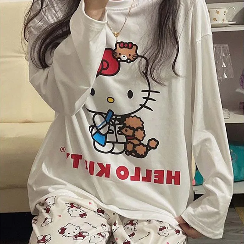 Kawaii Sanrios Hello Kitty Women\'s Pajamas Set Anime Cartoon Students Autumn Winter Polyester Long Sleeved Girls Nightwear Gift