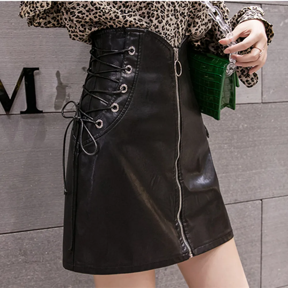 

2025 Autumn Womens PU Leather Zipper Skirt Cross straps Pencil Skirt Office Mini Skirt Sexy High Waisted Skirts Black Faux