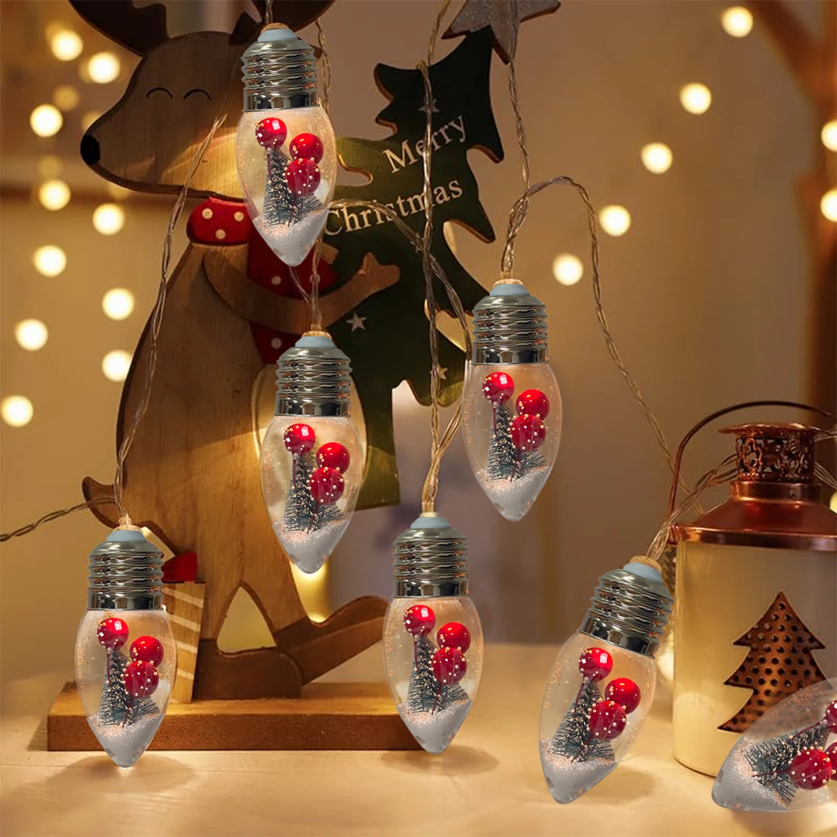 1 قطعة LED سنو غلوب لمبة سلسلة ضوء مع شجرة عيد الميلاد وتوت الأحمر بطارية تعمل بالطاقة للمنزل فناء رف الموقد زينة عيد الميلاد