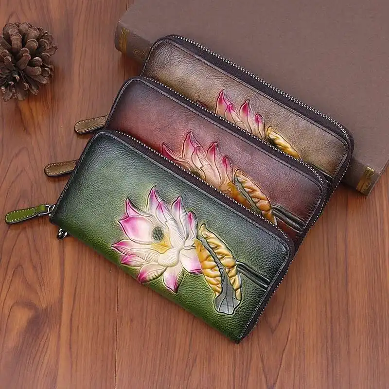 MOTAORA 2025 Retro Cow Leather Long Wallet for Women, Hand-Painted Ethnic Print, Multi-Card Holder Female Zipper Clutch Purse