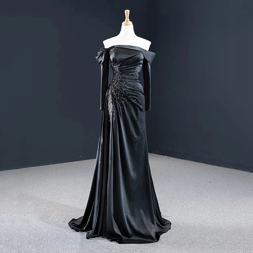 

Customized Boat Neckline Black Satin Evening Dress Pleat Full Sleeves Crystal Party Dress Backless A-line Floor Length Prom Gown