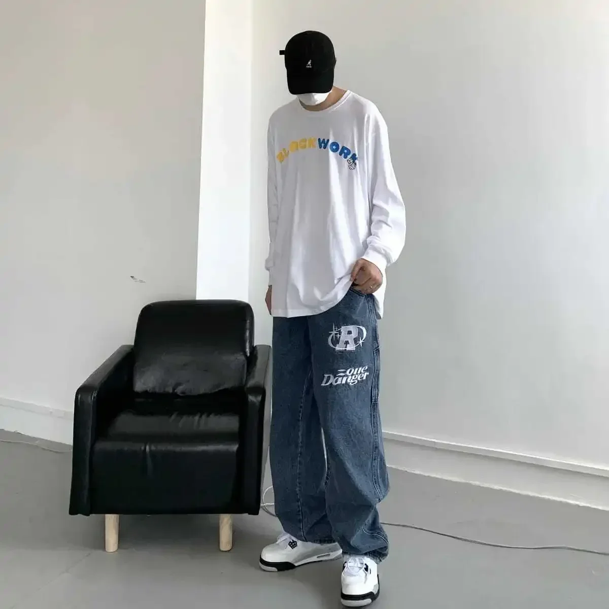 Jeans Vintage Baru Musim Semi Musim Gugur 2025 Pria Jeans Cetak Huruf Hip Hop Celana Kaki Lebar Kaki Lurus Longgar