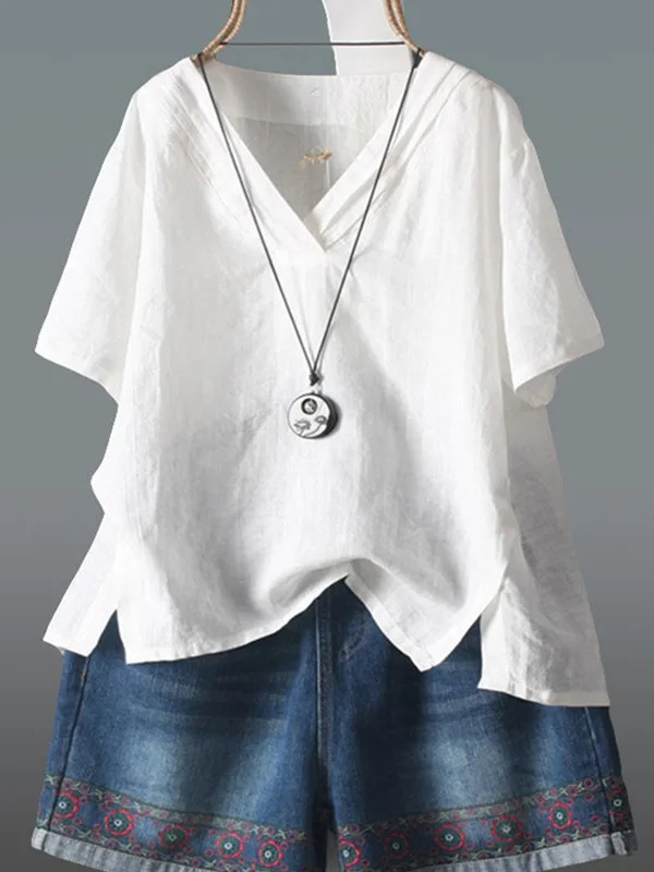 

White Loose Fit ort Sve irt Simple Design Spring Autumn Women's Faion Commute Sle V-Ne Regular Length irt