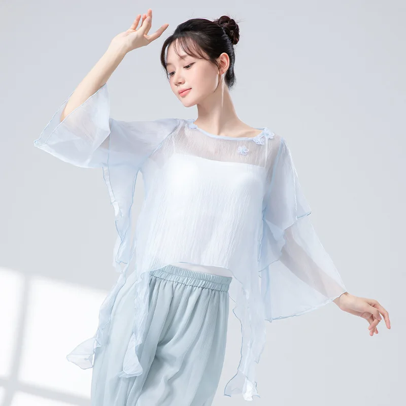 Classical Dance Tops Female Two Layers Wide Sleeves Shirt Ruffle Hem Saree See Through Fairy Blouse Stage Performance Costumes