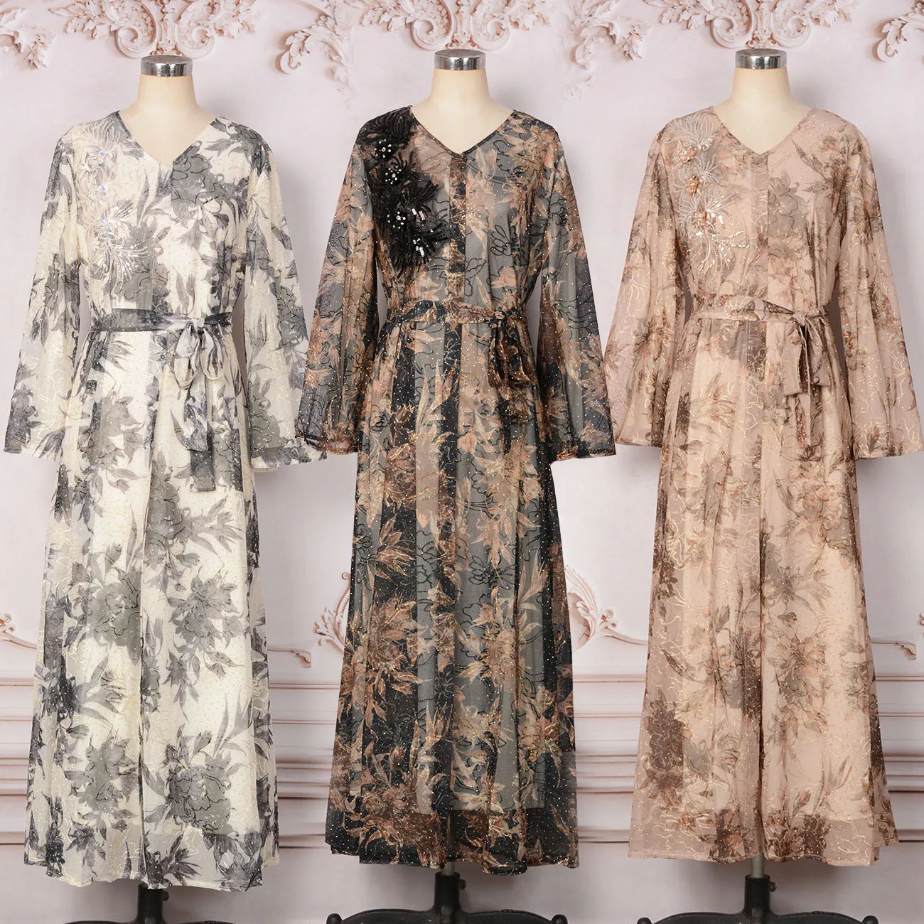 

Sweet Arab Dress Women Jalabiya, Floral Print Sequins 3D Flower Embellished Evening Party Ramadan Eid Wedding Dubai Muslim Abaya