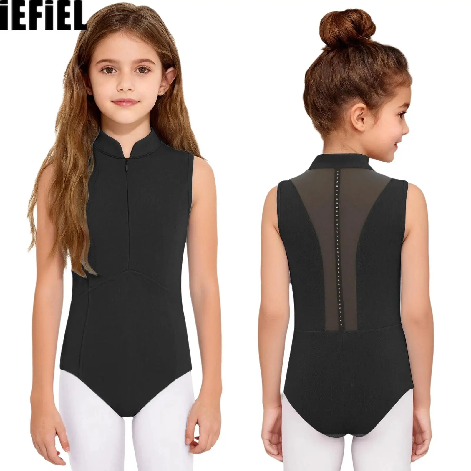 

Kids Girls Figure Skating Leotard Ballet Gymnastics Stand Collar Front Invisible Zipper Back Sheer Mesh Rhinestones Dance Wear
